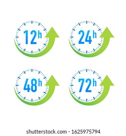 12, 24, 48, 72 hours clock arrow. Work time effect or delivery service time. Vector stock illustration.