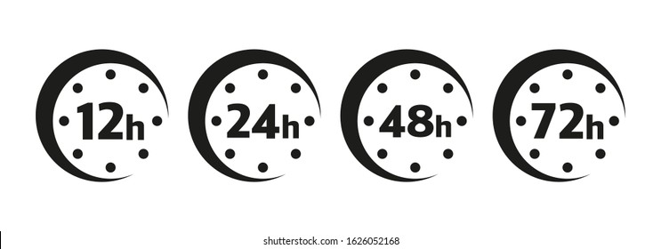 12, 24, 48 and 72 hours clock arrow. Vector work time effect or delivery service time icons.