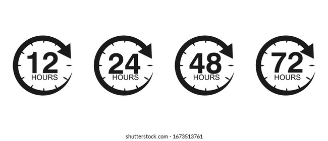 Flecha de reloj de 12, 24, 48 y 72 horas. símbolo tiempo de trabajo, tiempo de entrega y tiempo de servicio, aislado en blanco, icono vectorial Ilustración