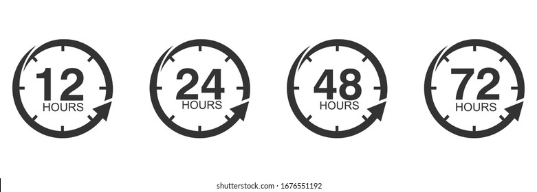 12, 24, 48 and 72 hours clock arrow. symbol work time, delivery and service time, isolated on white , vector icon Illustration svg