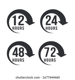 Iconos vectoriales de flecha de reloj de 12, 24, 48 y 72 horas. Servicio de entrega, entrega en línea de los símbolos de sitios web de tiempo restante del contrato
