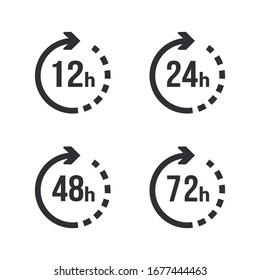 Pfeil nach 12, 24, 48 und 72 Stunden. Vektorillustration-Arbeitszeiteffekt oder Zeitanzeige-Icons