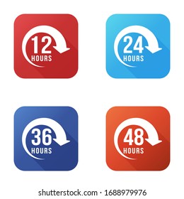 12, 24, 48 and 72 hours clock arrow vector icons. Delivery service, online deal remaining time web site symbols