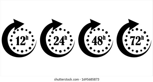 12, 24, 48 and 72 hours clock arrow, delivery service time, work time clock, thin line web symbols