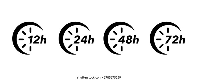Iconos vectores de flecha de reloj de 12, 24, 48 y 72 horas. Servicio de entrega