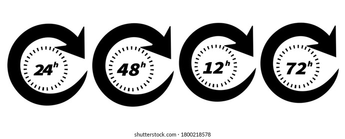 flecha de reloj de 12, 24, 48 y 72 horas. Efecto de tiempo de trabajo del vector o iconos de tiempo de servicio de entrega