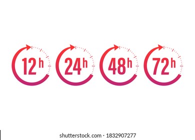 12, 24, 48, 72 hours clock arrow. Work time effect or delivery service time. Vector stock illustration.