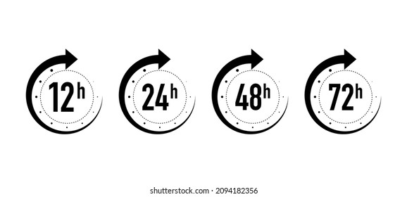 12, 24, 48 and 72 hours clock arrow on white background. Work time effect or delivery service time icons. Vector illustration.