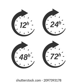 12, 24, 48 and 72 hours clock icon in flat style. Timer countdown vector illustration on isolated background. Delivery service time sign business concept.