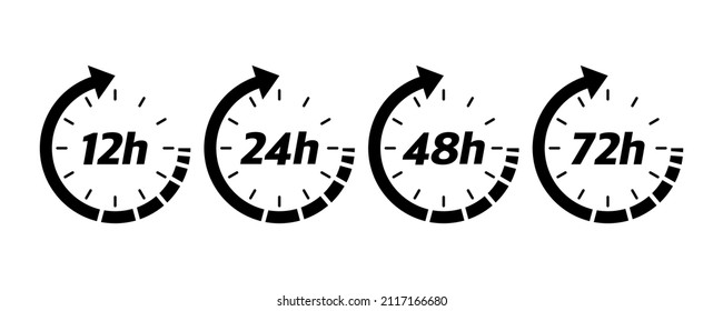flecha de reloj de 12, 24, 48 y 72 horas. Iconos de tiempo de trabajo del vector o de tiempo de servicio de entrega. Ilustración del vector