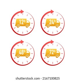 flecha de reloj de 12, 24, 48, 72 horas. Concepto de entrega rápida. Efecto del tiempo de trabajo o tiempo de servicio de entrega.