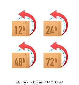 flecha de reloj de 12, 24, 48, 72 horas. Concepto de entrega rápida. Efecto del tiempo de trabajo o tiempo de servicio de entrega.
