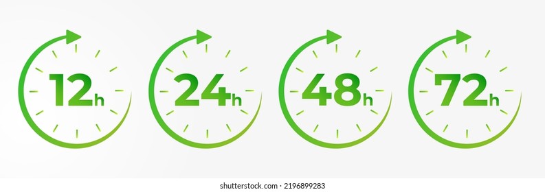 Pfeil 12, 24, 48, 72 Stunden. Symbol-Arbeitszeit, Liefer- und Dienstzeit, einzeln grün auf Weiß, Vektorgrafik