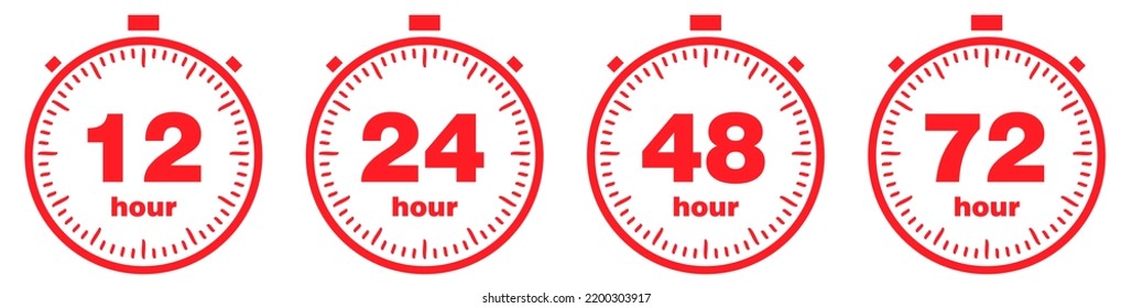 12, 24, 48, 72 hours clock vector set icons. Fast delivery service. Round-the-clock service. Work time. . Vector illustration