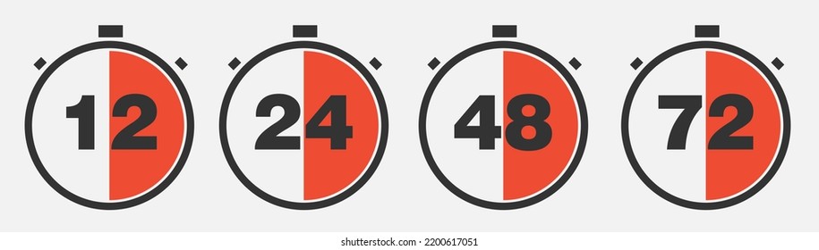 flecha de reloj de 12, 24, 48, 72 horas. tiempo de trabajo de símbolo, tiempo de entrega y de servicio, aislado en rojo sobre blanco , Ilustración vectorial. Ilustración del vector