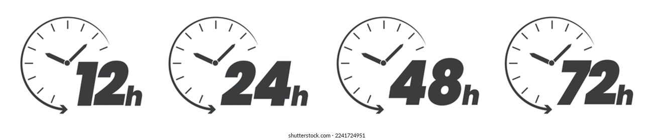 12, 24, 48 und 72 Stunden Uhr Symbol. 24 Stunden Icon Vektor. Sicherheitsschutz 24 Stunden. Flache Vektorgrafik. 