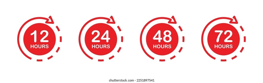 12, 24, 48, 72 hours clock. Set of arrows clock and time icons. Delivery service time.