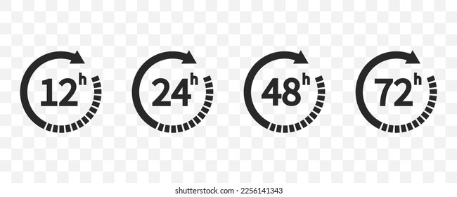 Pfeil nach 12, 24, 48 und 72 Stunden. Liefer- und Servicezeit. Vektorsymbol-Illustration. EPS10