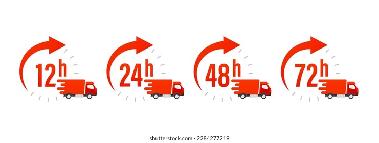 12, 24, 48, 72 hours clock arrow. Work time effect or delivery service time. Fast delivery concept. Delivery by fast truck on time. Vector illustration