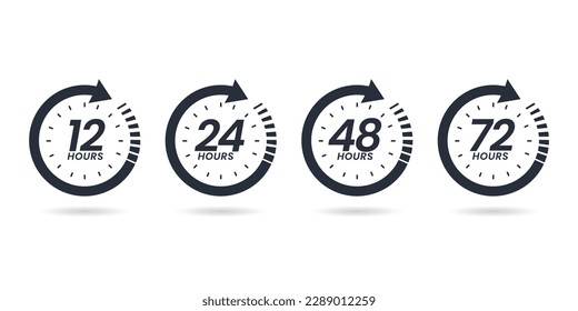 12, 24, 48, and 72 hours clock sign icons. service opening hours, work time, or delivery service time symbol.