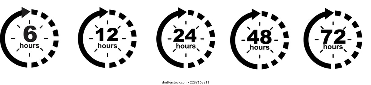 12, 24, 48 and 72 hours clock arrow. Vector work time effect or delivery service time icons