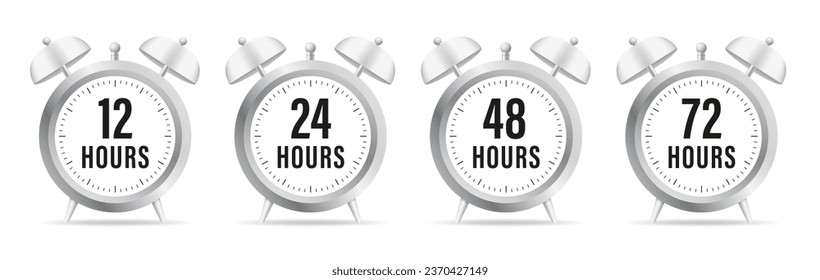 12, 24, 48, 72 hours clock arrow. Work time effect or delivery service time. Delivery service website symbols, online deal time remaining. Vector illustration