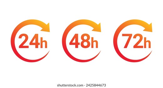 12, 24, 48 and 72 hours clock arrow. Vector work time effect or delivery service time icons