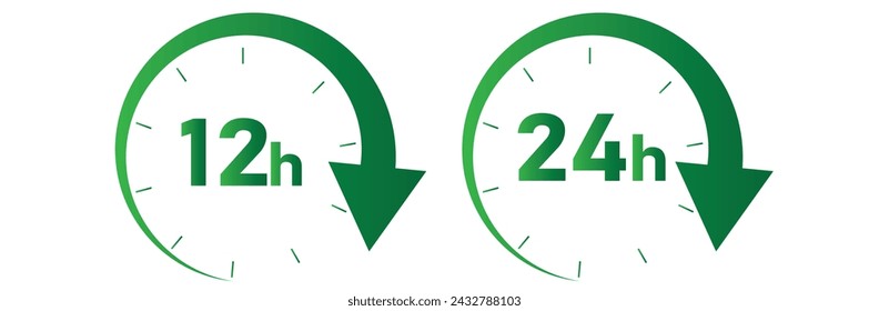 12, 24, 48, 72 hours clock arrow. symbol work time, delivery and service time, isolated green on white , Vector illustration