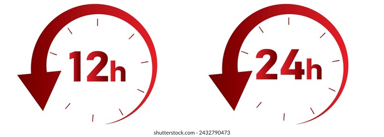 12, 24, 48, 72 hours clock arrow. symbol work time, delivery and service time, isolated red on white , Vector illustration