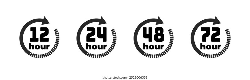 12, 24, 48, 72 hours clock arrow. symbol work time, delivery and service time, isolated on white , vector icon Illustration. Work time effect, Timer, clock, stopwatch, Countdown timer symbol icon set.