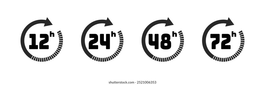 12, 24, 48, 72 Stunden Uhrzeigerpfeil. Symbol Arbeitszeit, Liefer- und Servicezeit, einzeln auf Weiß, Vektorsymbol Illustration. Arbeitszeiteffekt, Timer, Uhr, Stoppuhr, Countdown-Timer-Symbol-Set.