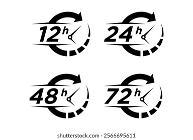 12, 24, 48 and 72 hours clock arrow, deodorant work time effect. Vector delivery service time icons. vector template