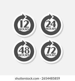 12, 24, 48 y 72 horas reloj flecha icono pegatina aislado sobre fondo gris
