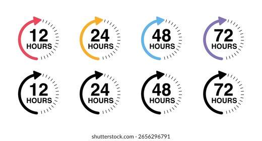 Icono de 12, 24, 48 y 72 horas. Icono de Vector abierto las 24 horas. Protección de seguridad 24 horas. Su conjunto de iconos. Entrega rápida, temporizador con flecha circular