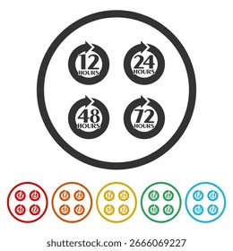 Icono de flecha de reloj de 12, 24, 48 y 72 horas. Establecer íconos en Botones de círculo de color