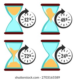 12, 24, 48 y 72 horas reloj flecha Reloj de arena antiguo. Tiempo que pasa el diseño de la Ilustración vectorial del sistema del negocio aislado