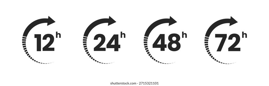 Icono de flecha de reloj de 12, 24, 48, 72 horas que simboliza el tiempo de trabajo, el tiempo de entrega y la duración del servicio, aislado sobre fondo blanco, conjunto de Ilustraciones vectoriales con temporizador, reloj, cronómetro y símbolos de cuenta regresiva.