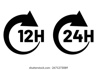 12 y 24 horas reloj icono de flecha aislado en el fondo blanco. Reloj y cronómetro, reloj y alarma. Entrega rápida y envío de pegatinas. Ilustraciones vectoriales. Eps 10.