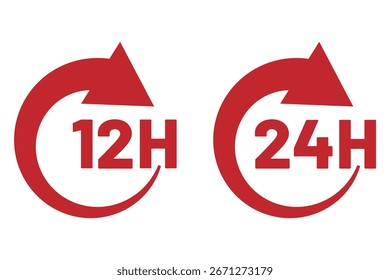 12 y 24 horas reloj icono de flecha aislado en el fondo blanco. Reloj y cronómetro, reloj y alarma. Entrega rápida y envío de pegatinas. Ilustraciones vectoriales. Eps 10.