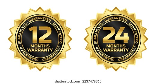 12 and 24 months warranty guaranteed badge logo vector with black and gold color for product label
