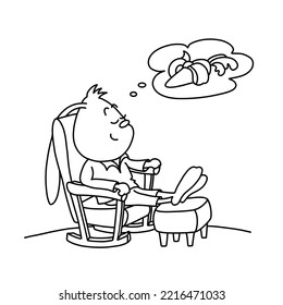 12 - 25 Cute bunny sits in armchair, paws on pouffe, dreams about carrot. Christmas, New Year and Easter contour vector illustration. Collection of rabbits in cartoon style. Humour