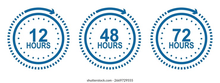 12, 48 and 72 hours clock sign icon. service opening hours, work time or delivery service time symbol. clock arrow. Vector work time effect or delivery service time icons. 12 hours icon. EPS 10. 