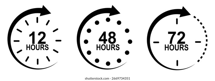 12, 48 and 72 hours clock sign icon. service opening hours, work time or delivery service time symbol. Set of delivery service time. concept element for web and print design. Work hours time. 