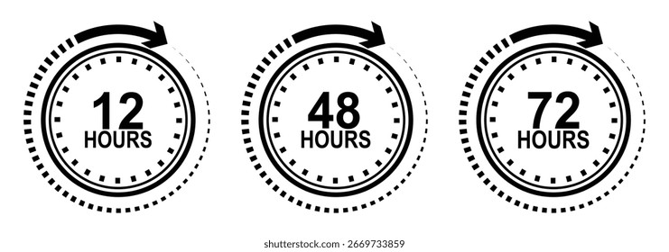 12, 48 and 72 hours icon. 24 Hours Open vector icon. Security Protection 24 hours. Time, clock, hour in line style on white background with editable stroke for app and website.
