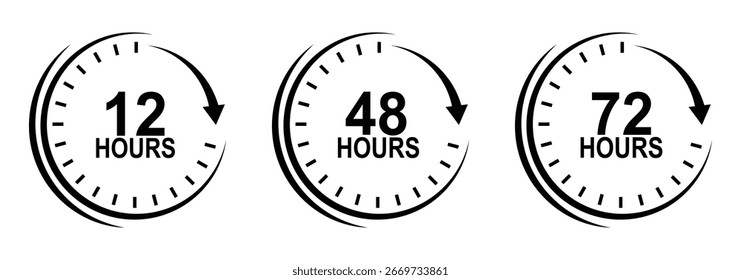 Symbol für 12, 48 und 72 Stunden. 24 Stunden Öffnen Sie ein Vektorsymbol. 24 Stunden Sicherheitsschutz. Zeit, Uhr, Stunde im Linienstil auf weißem Hintergrund mit editierbarem Strich für App und Website.
