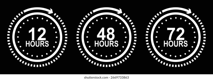 Ícone de 12, 48 e 72 horas. 24 horas Ícone de vetor aberto. Proteção de segurança 24 horas. Tempo, relógio, hora em estilo de linha em fundo branco com traço editável para aplicativo e site.