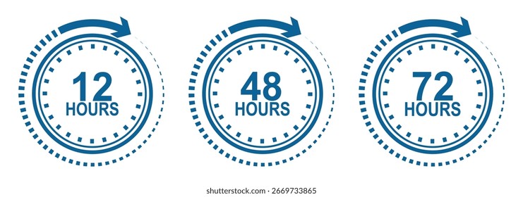 Ícone de 12, 48 e 72 horas. 24 horas Ícone de vetor aberto. Proteção de segurança 24 horas. Tempo, relógio, hora em estilo de linha em fundo branco com traço editável para aplicativo e site.