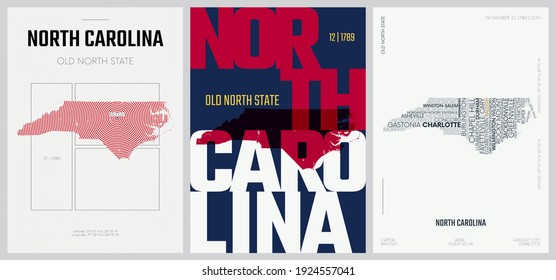 12 von 50 Sets, US State Posters mit Namen und Informationen in 3 Design-Stilen, Detaillierte Vektorgrafik-Druck North Carolina Karte