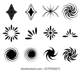 12 Abstract geometric shape pattern. Collection of different vector spiral, floral, diamond, twinkle symbol.  y2k style basic shapes geometric graphic elements.