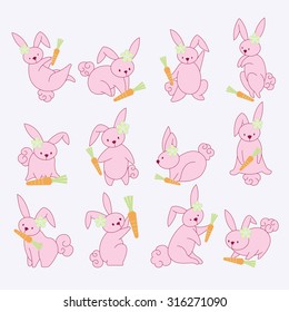 12 action of rabbit. Rabbit character. 